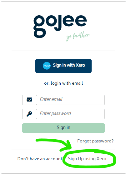 Gojee login page with the Sign Up Using Xero button highlighted
