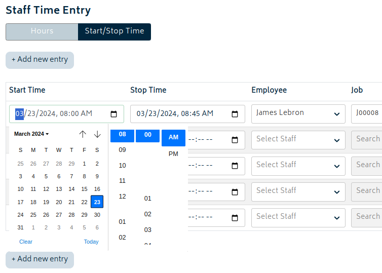hr time entry start stop calendar