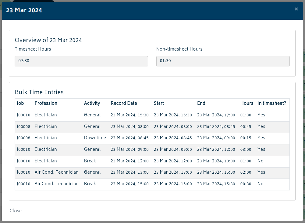 hr timesheets start stop times