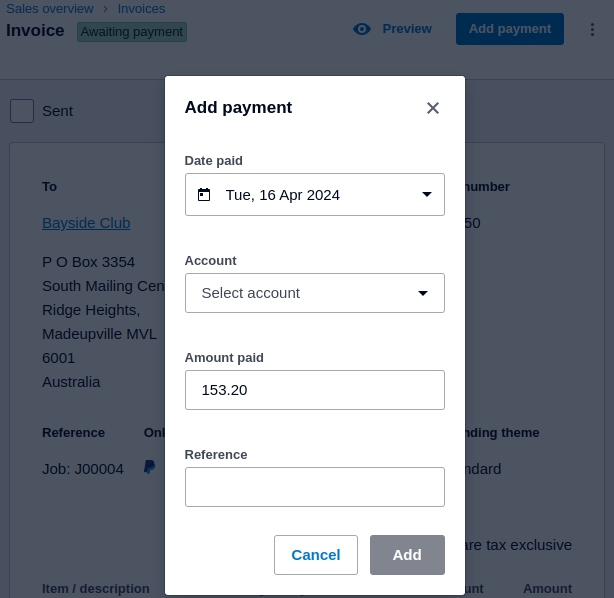 invoice xero take payment