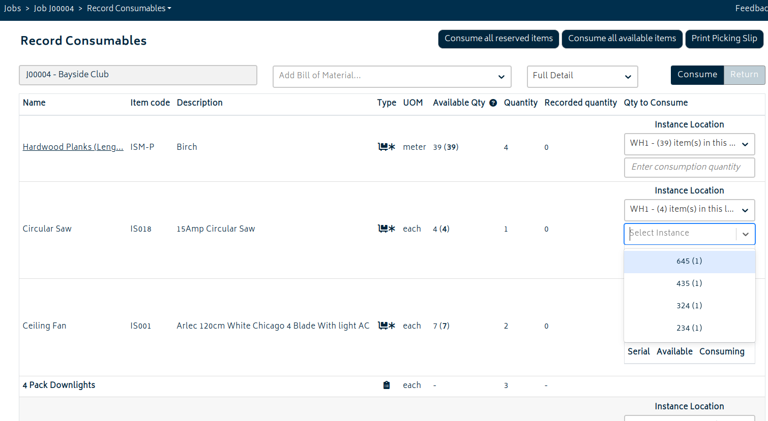 jobs record consumables screen