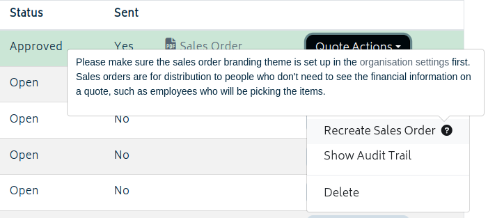 quotes estimates quote actions sales order