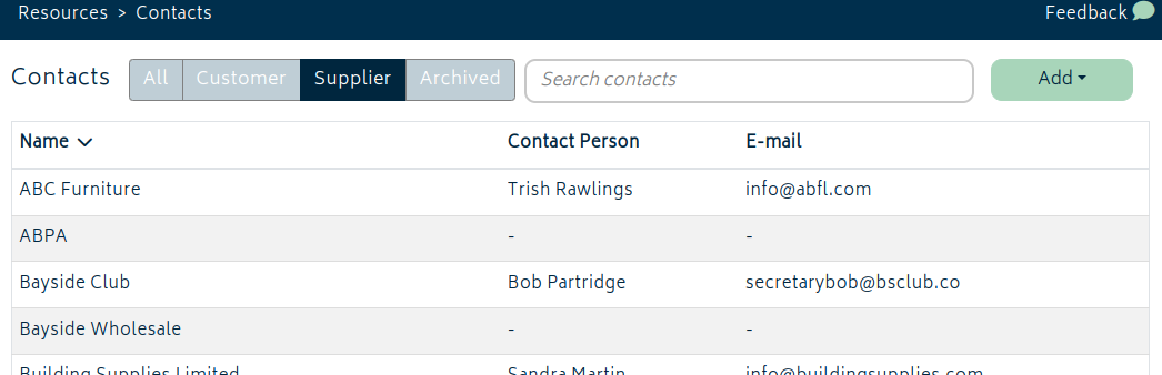 contacts list suppliers