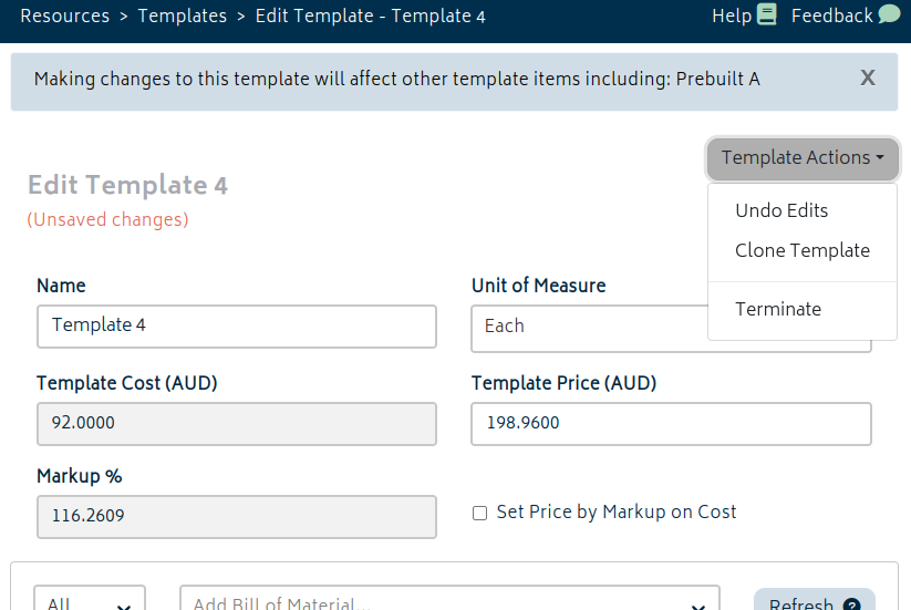 templates edit actions