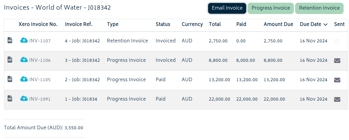 add ons retentions invoice list