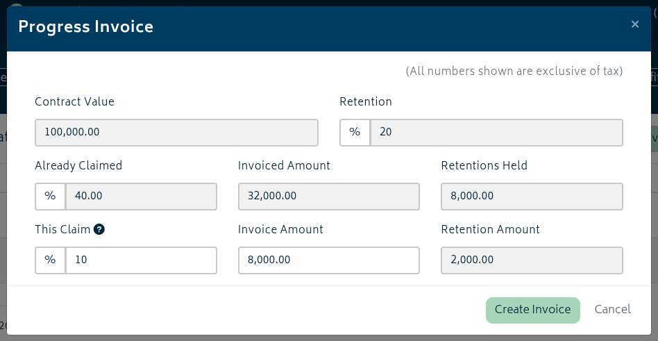 add ons retentions progress invoice values