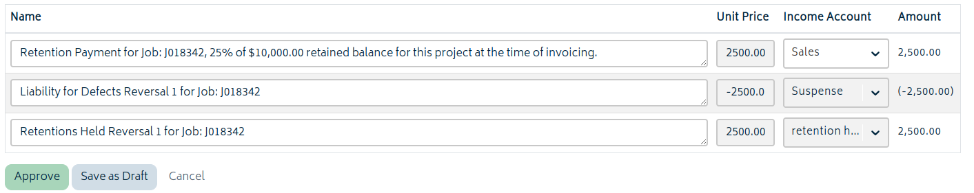 add ons retentions retention invoice details