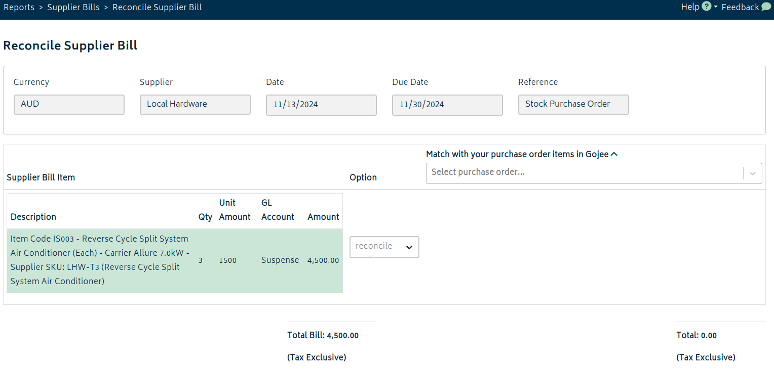 supplier bill reconcile blank