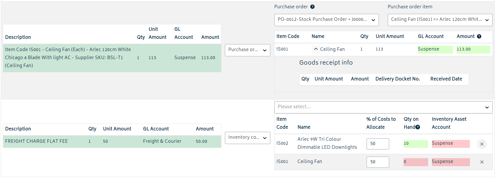 supplier bill reconcile inventory cost