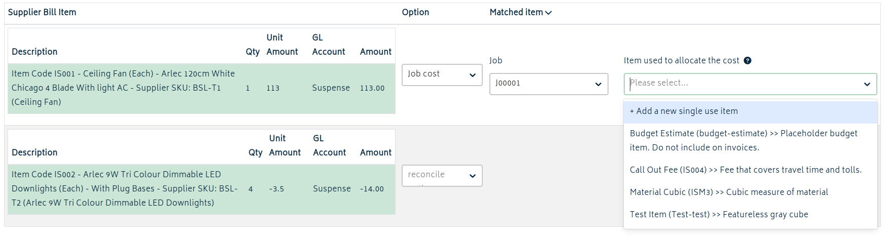 supplier bill reconcile job cost
