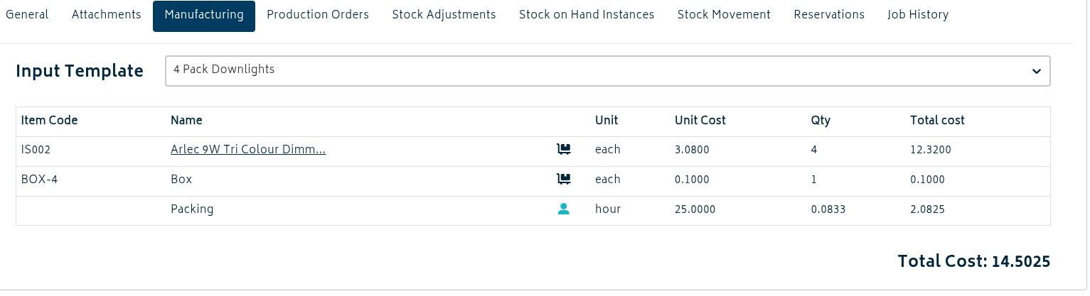 add ons manufacturing inventory input template
