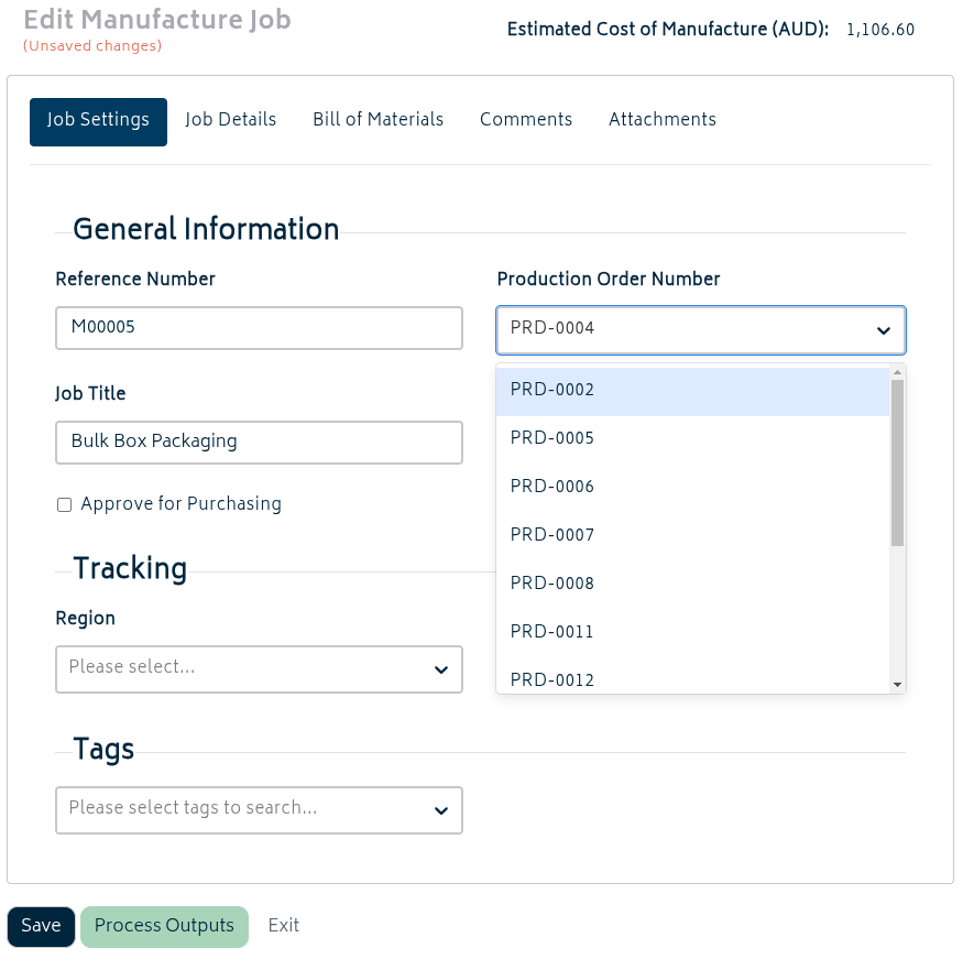 add ons manufacturing jobs edit job settings