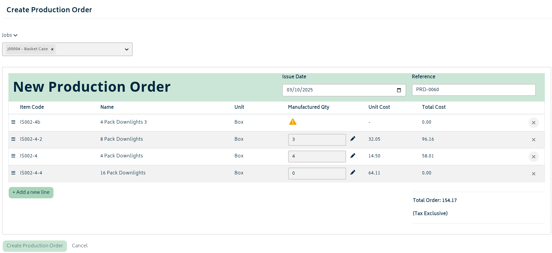 add ons manufacturing production order create