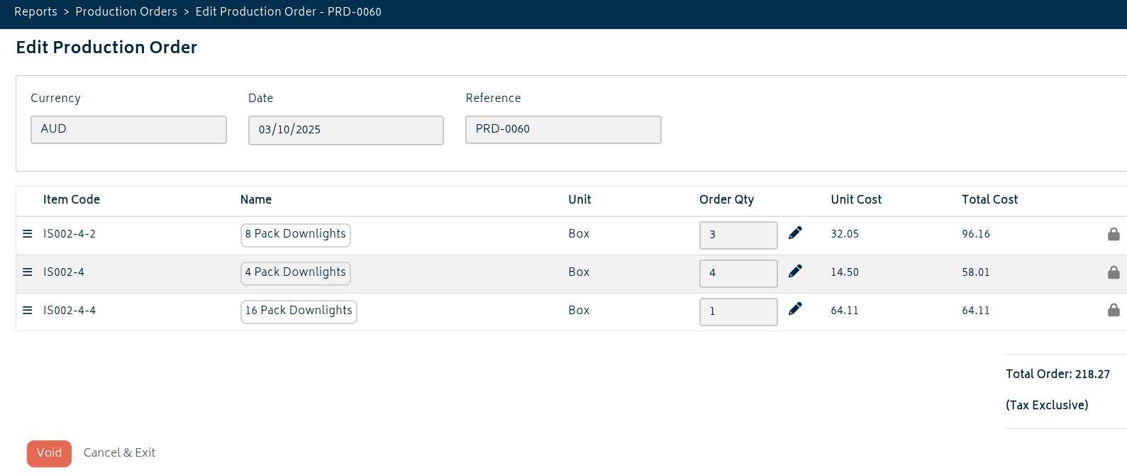 add ons manufacturing production order edit 6.0