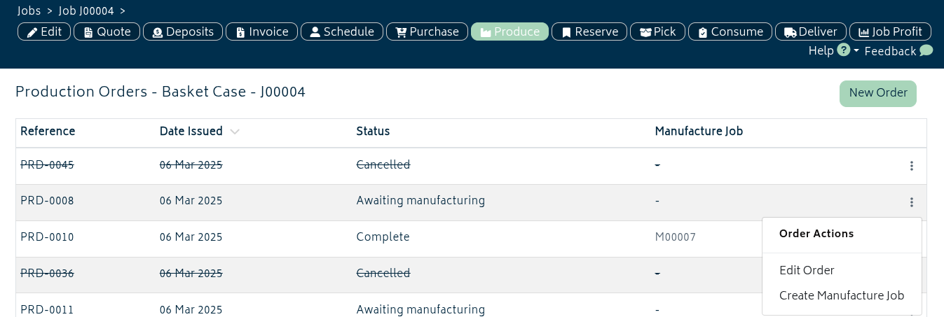 add ons manufacturing production order list job