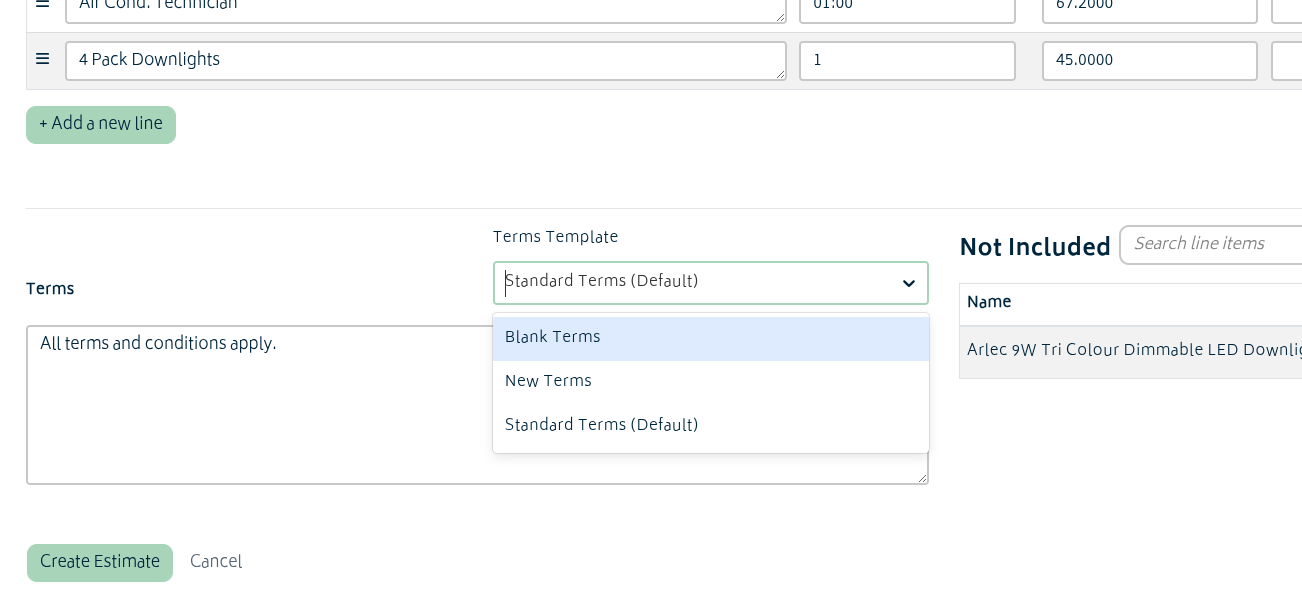 quotes estimates terms