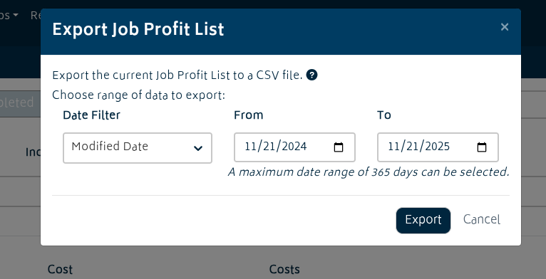 reports job profit export modal