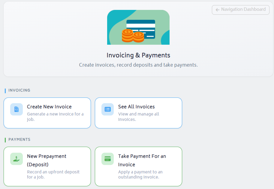 navigation dashboard invoicing payments