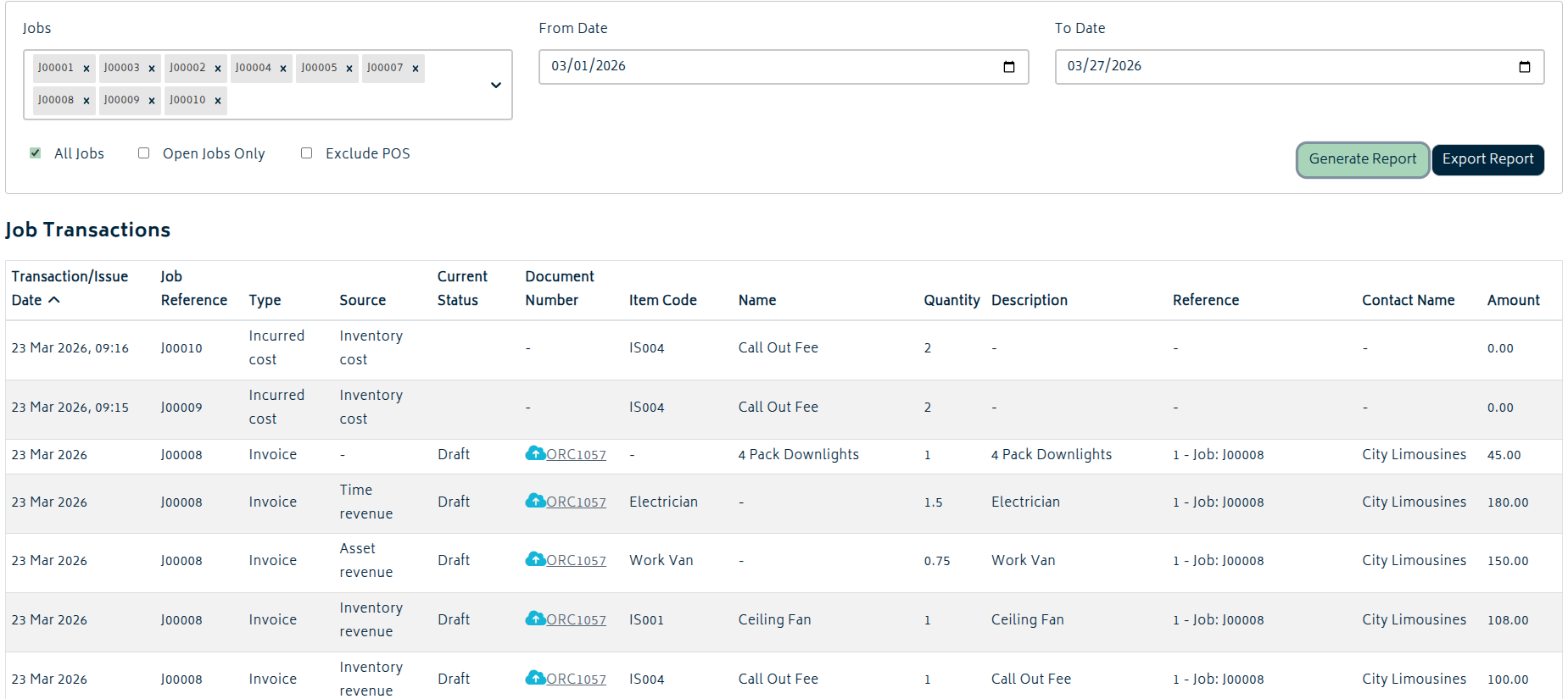 reports job transactions