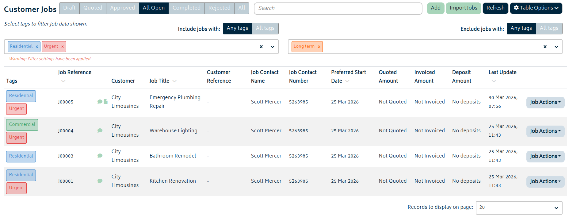 jobs tags customer job list filtered