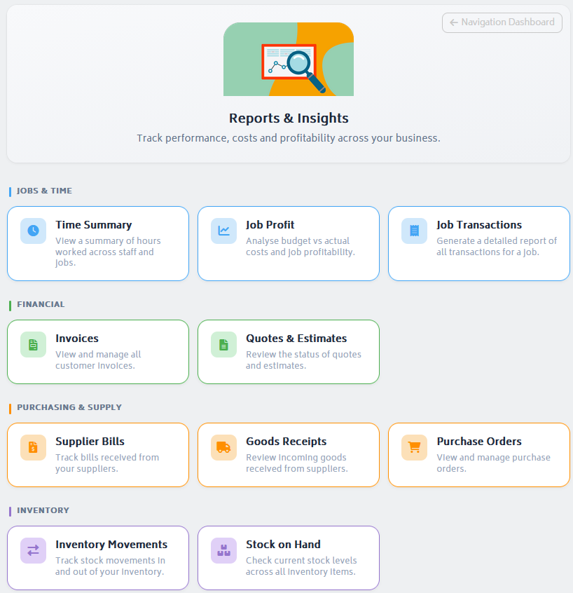 navigation dashboard reports 6.19