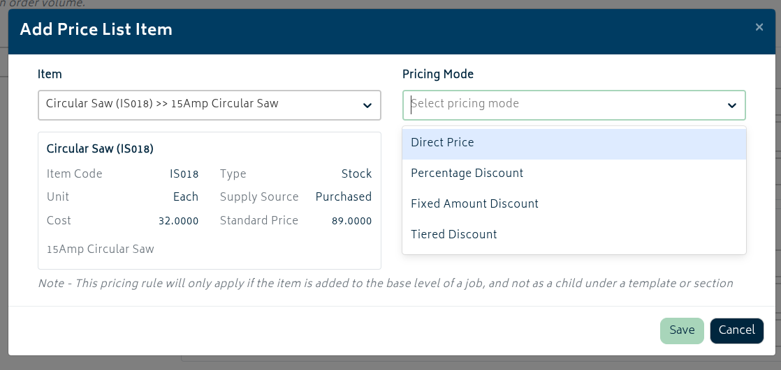 contacts customer price list add item