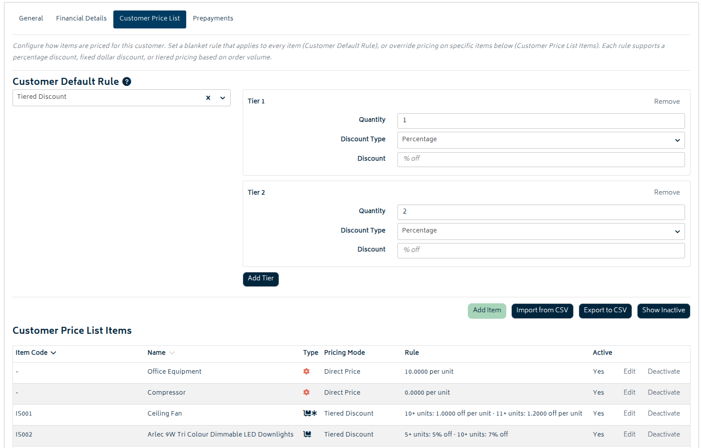 contacts customer price list v3