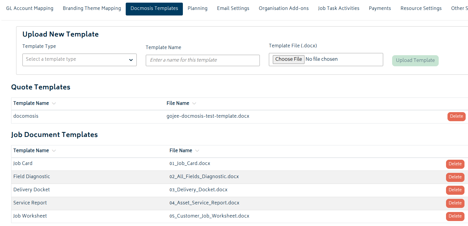 add ons docmosis proposal org settings