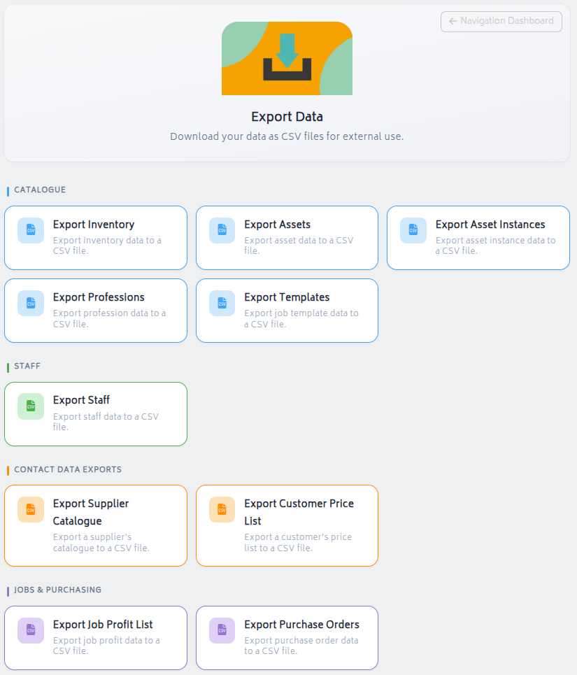 navigation dashboard export 6.27