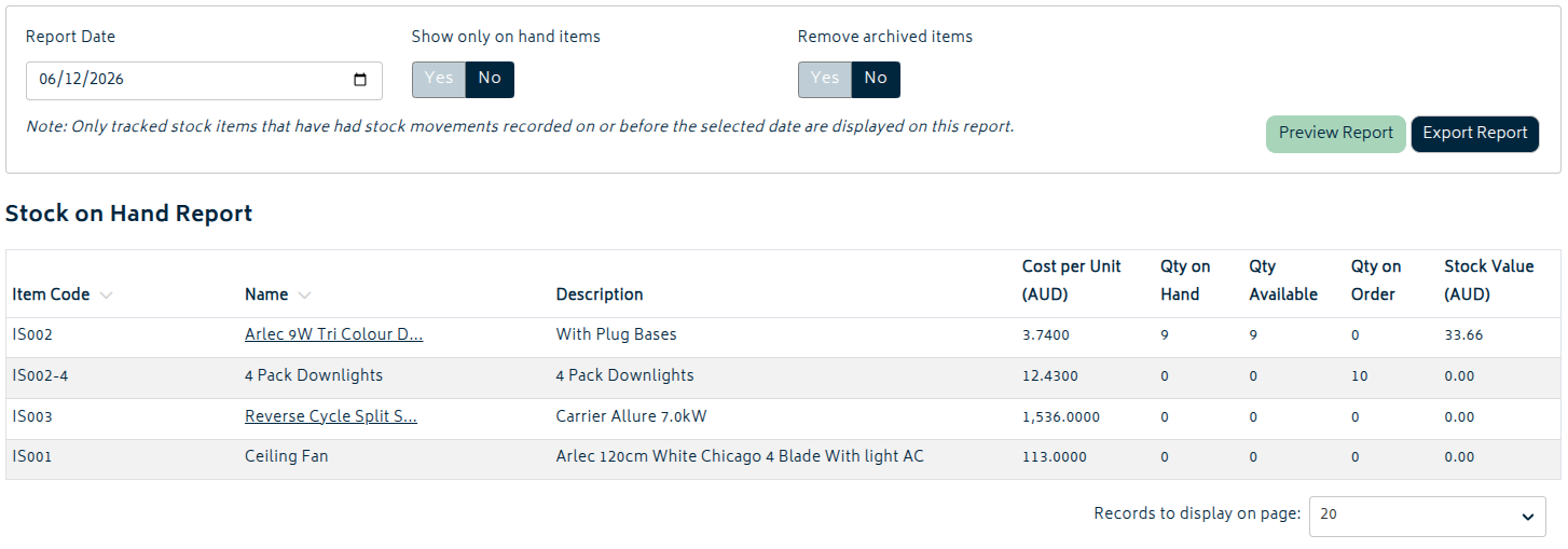 reports stock on hand