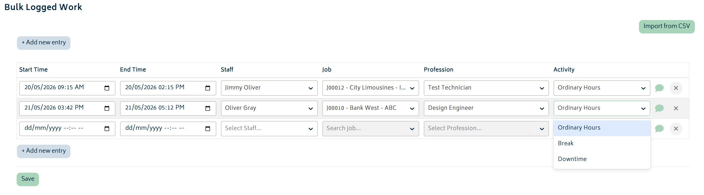 Bulk logged work updated screenshot