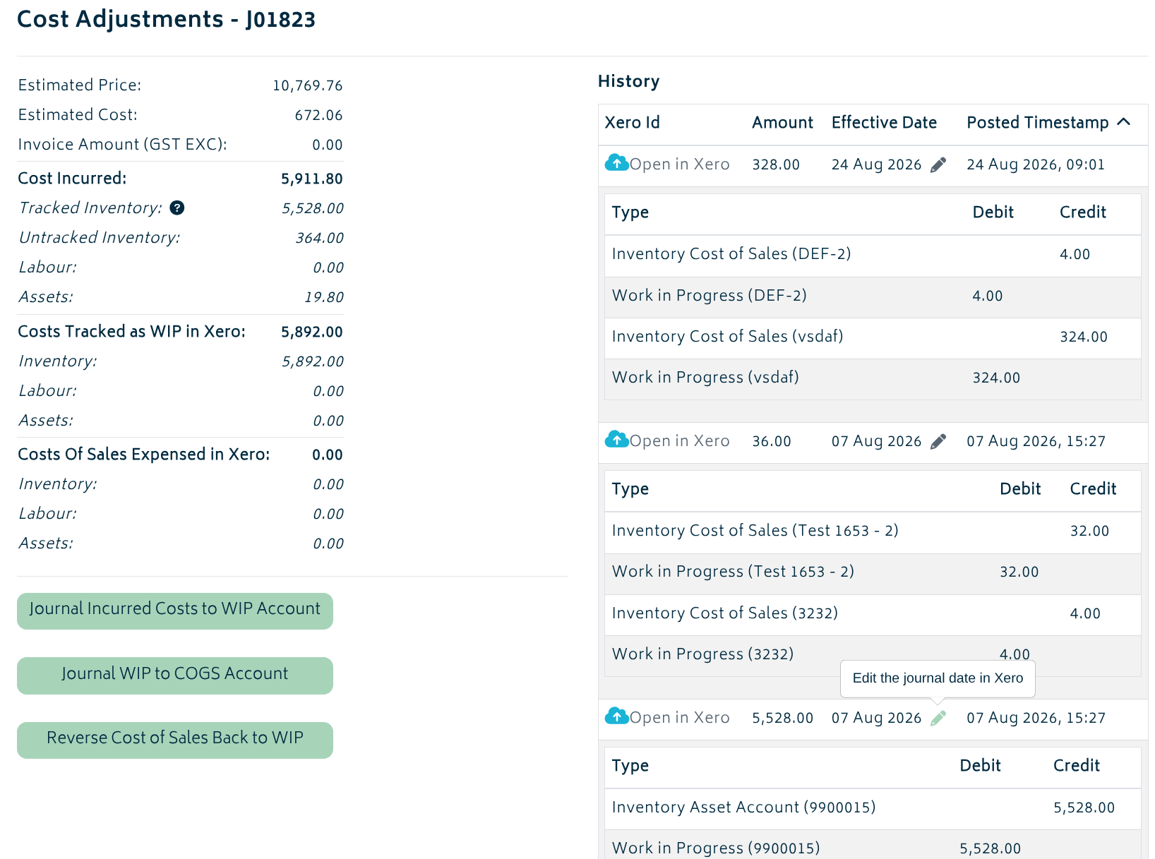 add ons cost adjustments history