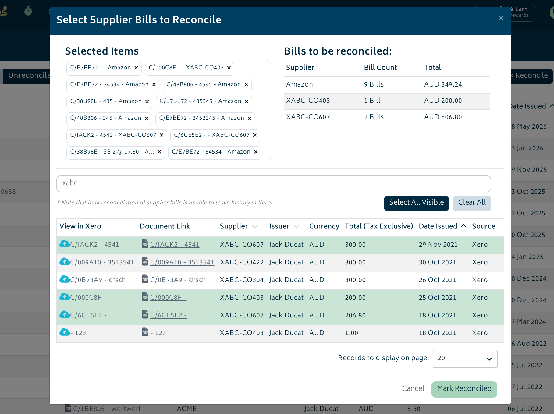 supplier bill bulk reconcile